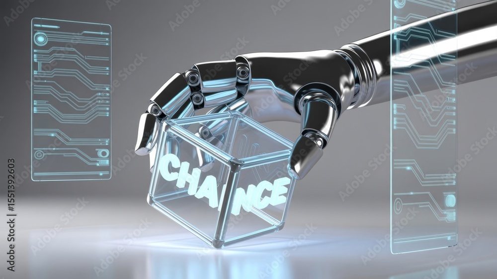 Poster a cyborg robot hand changing a text cube from 'change' to 'chance'