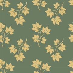 Branches of grapes on green background, pattern with silhouette of grape vine. Textile.