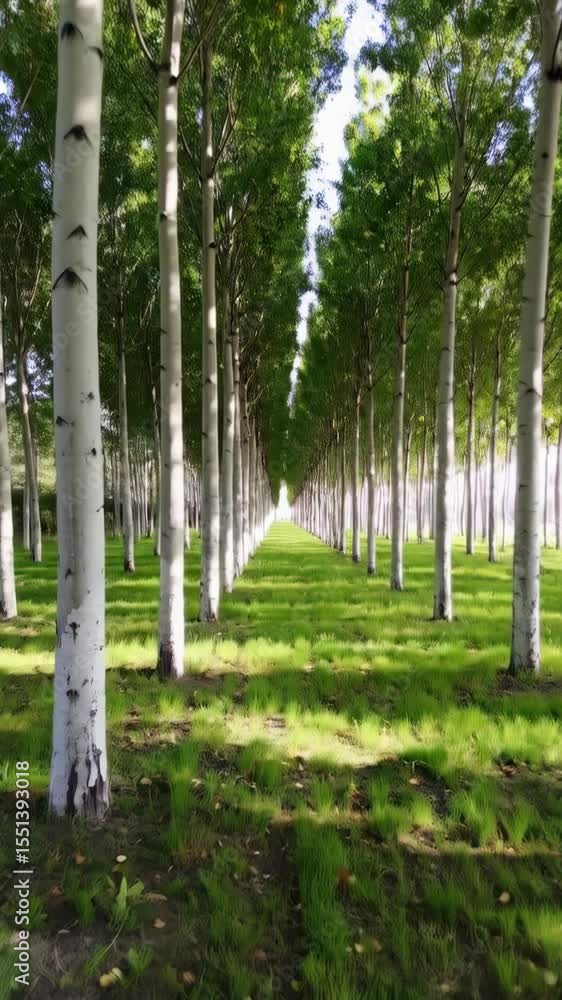 Poster aspen trees stand in a row as grass grows at the base of the tree trunks and leaves begin to fall du