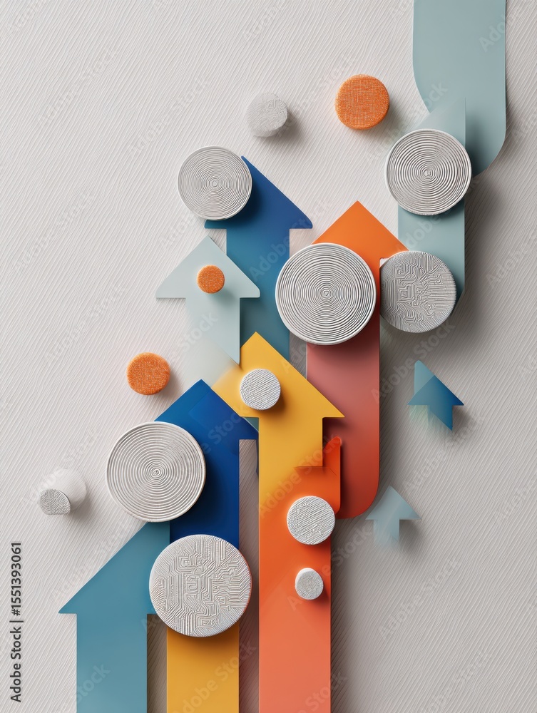 Poster coins transform into upward arrows in an abstract minimal design with vibrant colors and shapes repr