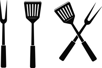 Black and white silhouette illustration of barbecue fork and spatula, crossed grill tools icon, kitchen utensil, cooking equipment, flat vector style for BBQ design