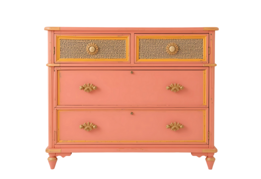  Summer coral-pink chest of drawers with yellow edge accents and rattan insets, coastal vibe centered on white.

