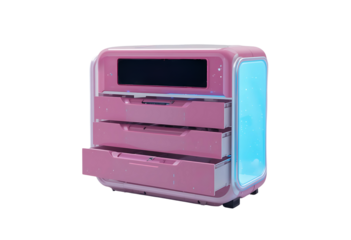  Smart pink chest of drawers with voice-activated drawers, digital lock panel, and LED-lit sides, high-tech design isolated on white.

