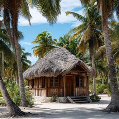 Tropical wooden hut amongst lush palm trees