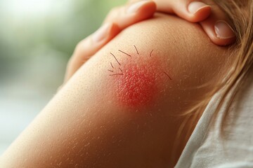 Fototapeta premium Person with a red rash on their arm caused by an insect bite allergic reaction., Generative AI