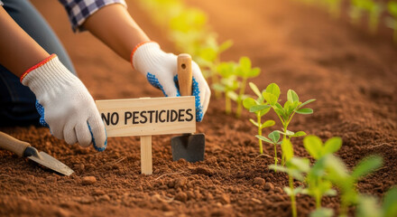 Gardener wearing gloves places small sign reading no pesticides in rich soil of organic vegetable garden with healthy green seedlings in warm sunlight