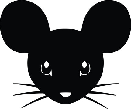 Cute mouse face silhouette, simple vector illustration, black and white, graphic design element, adorable rodent, cartoon animal, minimalist style, child