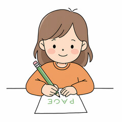 Young girl writing on paper with green pencil at table  