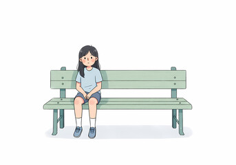Young girl sitting alone on green bench against white background  