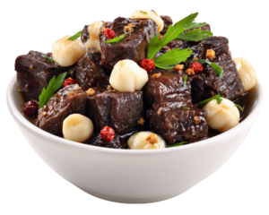 Braised beef lotus seed parsley peppercorn white bowl isolated gourmet traditional savory rich Braised beef with lotus seed and parsley white bowl garnished with peppercorn isolated transparency