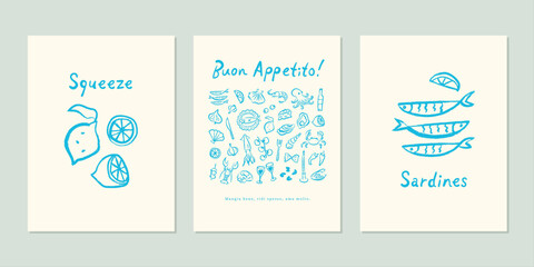 Whimsical mediterranean seafood illustration prints with hand drawn sardines and lemons