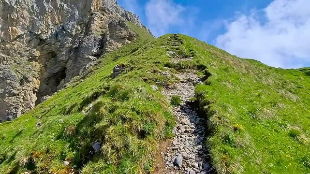 Hiking on a mountain path in the Bavarian Alps