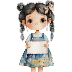 A young girl with dark hair in braids holds a blank sign. She wears a blue dress with floral patterns. The illustration is watercolor style on a transparent background.