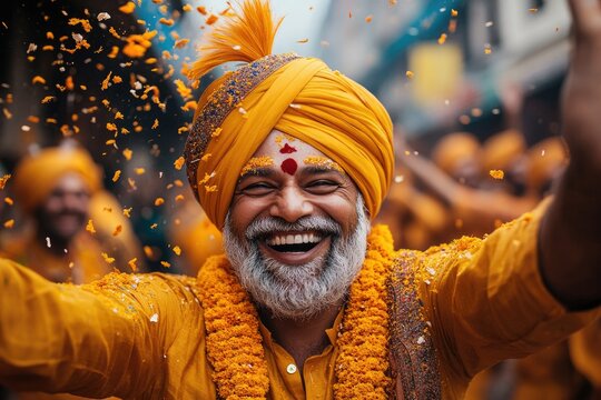 Festive street celebration Diwali. Radiant Indian man in traditional yellow turban and marigold garland joyfully celebrates Diwali amidst falling festive petals.
