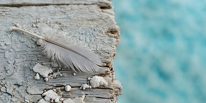 Soft feather placed on weathered driftwood against blurred turquoise background, evoking summer stillness, balance, fragility and a poetic pause in eco visual narratives or beach branding