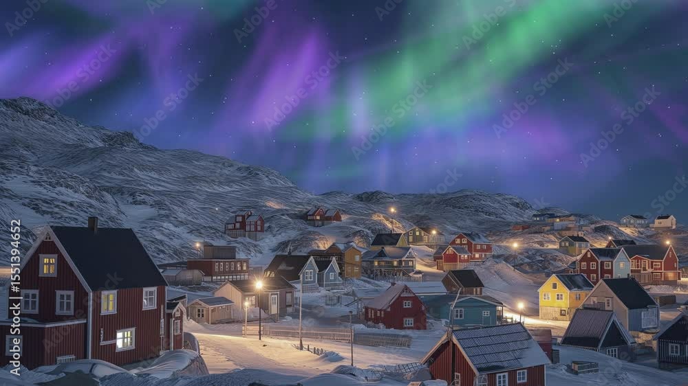 Wall mural greenland city of nuuk aurora sky loop generative ai