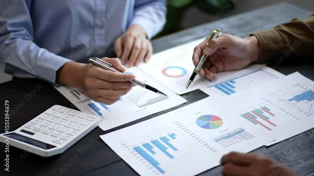 Poster analyzing financial reports with charts and graphs at a dark wooden table in an office environment d