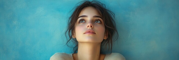 Young woman in casual attire, looking up with a thoughtful expression, deep in imagination or contemplation., Generative AI