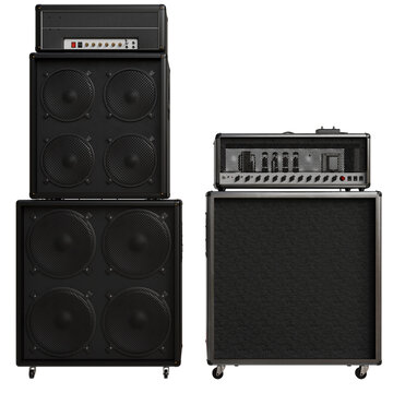 Two guitar amplifier stacks, one a two-cabinet stack with a head unit atop, the other a single-cabinet stack.  Both are dark grey/black, featuring multiple speakers and control panels. 