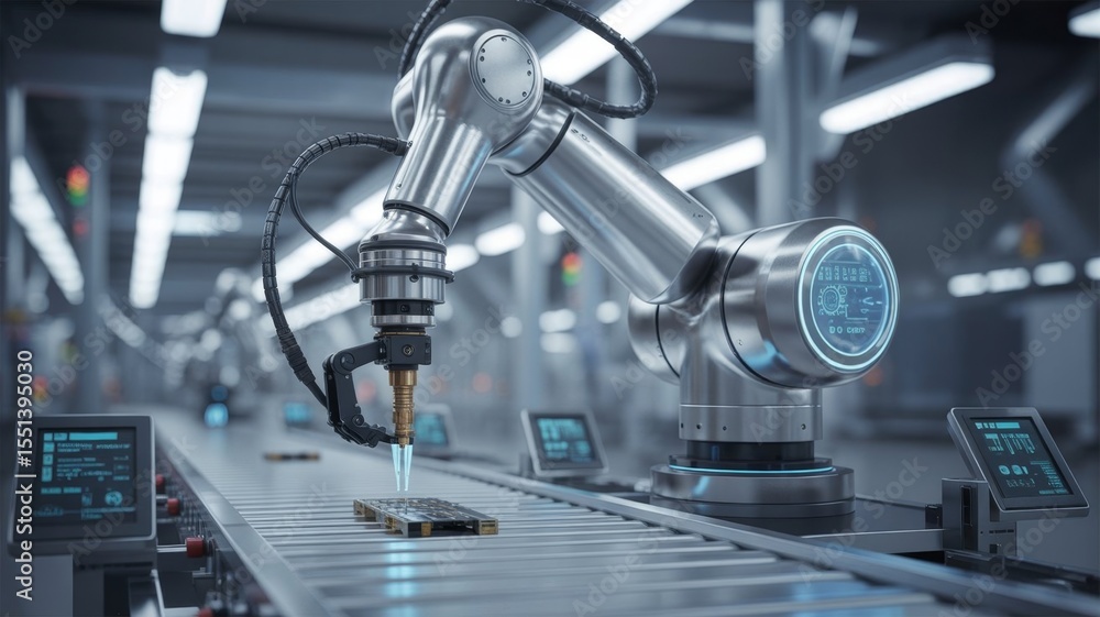 Poster intelligent robotic arm operating in a modern factory setting