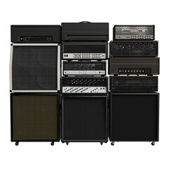 A meticulously arranged stack of various guitar amplifiers, showcasing a mix of head units and cabinets in black, beige.representing a diverse collection of audio equipment