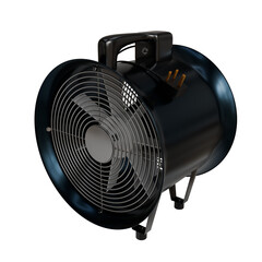 cylindrical axial fan with a three-bladed impeller, a metal grill, a carrying handle, and a power...