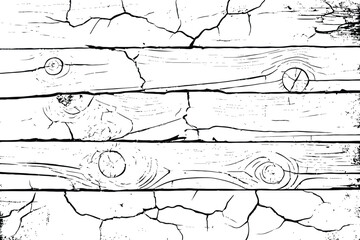 black and white illustration of wooden planks on cracked ground with small grass tufts growing.