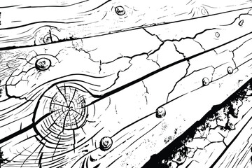 black and white illustration of wooden planks on cracked ground with small grass tufts growing.