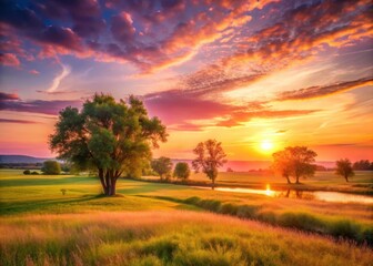 Fototapeta premium Soft pastel pink and orange hues illuminate a serene landscape during the golden hour