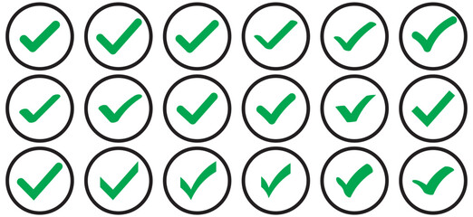 Green Check mark icon vector illustration in two variants. Approved, yes, confirm, done, vote, accept, tick, select, check box, and questionnaire green check mark button set circle and round shapes.