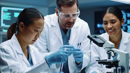 Three scientists collaborating in modern laboratory environment focused on research - Powered by Adobe