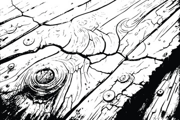 black and white illustration of wooden planks on cracked ground with small grass tufts growing.