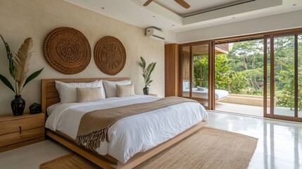 Luxurious bedroom with king-size bed, natural light, and sliding doors leading to a private balcony overlooking lush greenery