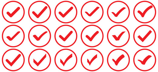 Red check mark icon. Verified badge, verification symbol set. Check mark illustration on white background. Red check mark icon and Approved, Accept icon. vector illustration.