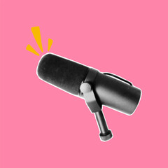 Modern vector podcast cover with microphone. Halftone dotted texture, collage paper cutout element for a bold punk effect, pink.