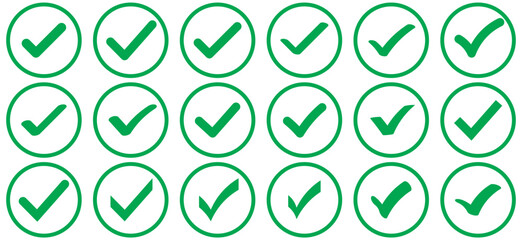 Green Check mark icon vector illustration in two variants. Approved, yes, confirm, done, vote, accept, tick, select, check box, and questionnaire green check mark button set circle and round shapes.