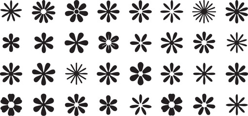 Collection of black flower icons with varying petal counts and shapes on a white background