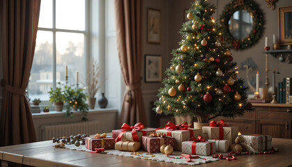 Obraz premium a beautifully decorated Christmas tree in a cozy, warmly lit room with a table full of wrapped presents nearby, 4K and HD image