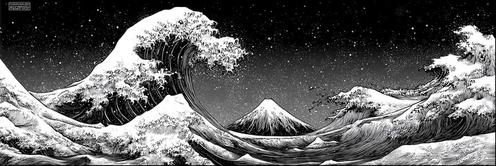 black and white ink style illustration of The Great Wave off Kanagawa	

