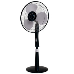 A black pedestal fan with three light-grey blades, a circular base, and simple control buttons on the adjustable stand.  It has a modern, minimalist design