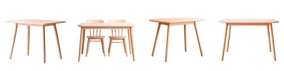 Light Wood Dining Tables with Chairs Isolated on White Background
