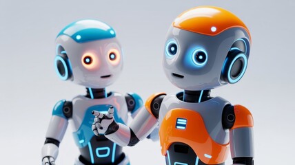 Small humanoid robots with human-like faces and bodies, featuring a blend of orange and blue colors