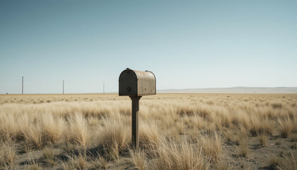 Old Rusty Mailbox Standing Alone in a Vast Dry Grassy Field Under Clear Blue Sky