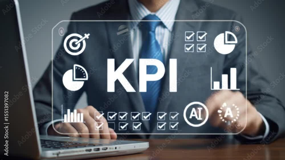Poster man in gray suit interacting with virtual kpi interface overlayed on wooden table with laptop in off