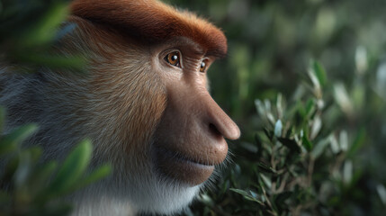 Naklejka premium Proboscis monkey in a lush jungle.