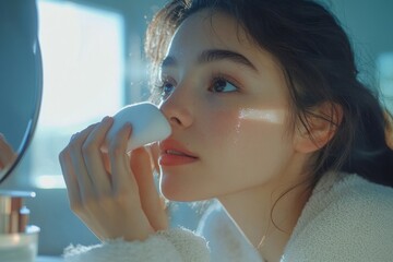 Skin care routine, woman removing makeup with cotton pad and toner, reflecting the importance of a daily skincare regimen for clear and healthy skin., Generative AI