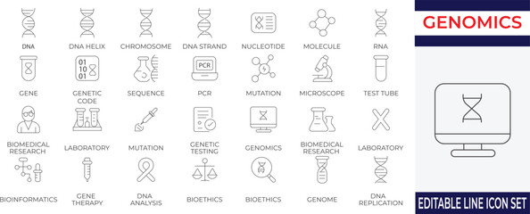 A detailed collection of line icons representing modern genomics and DNA science. Perfect for medical, educational, biotech, and genetic research visuals.