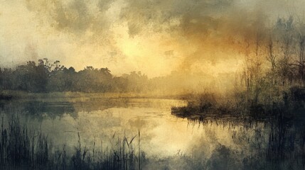 Tranquil lake reflecting trees at sunrise in serene forest
