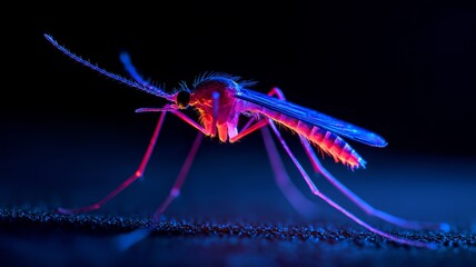 A colorful mosquito rests on a dark surface, showcasing its vibrant details.