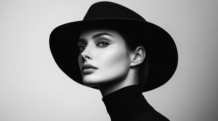 Serious young woman in turtleneck and hat, studio portrait